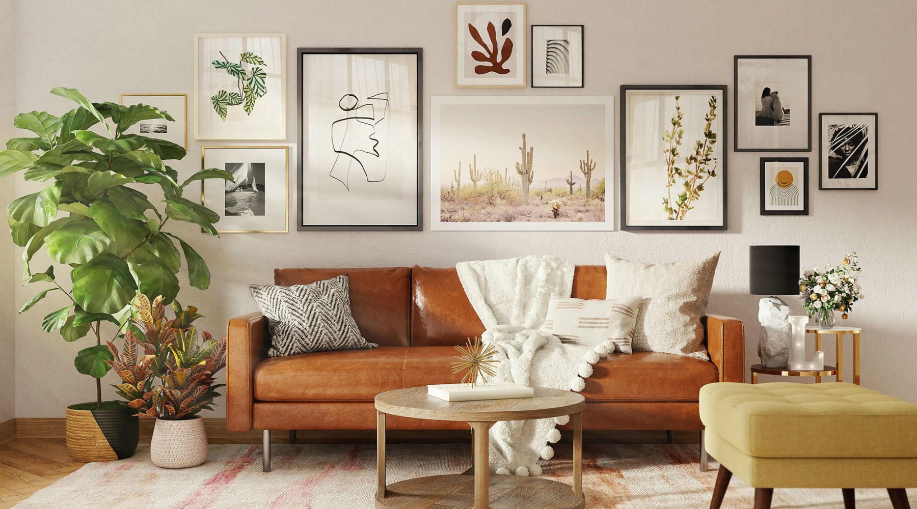 a living room with a couch and a table